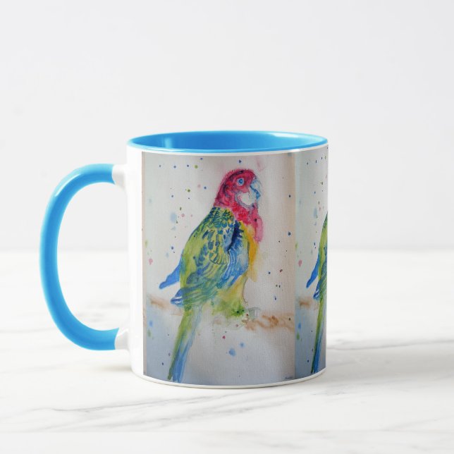 Mug Rosella Parrot sur la branche Aquarelle Bleu de mo (Gauche)