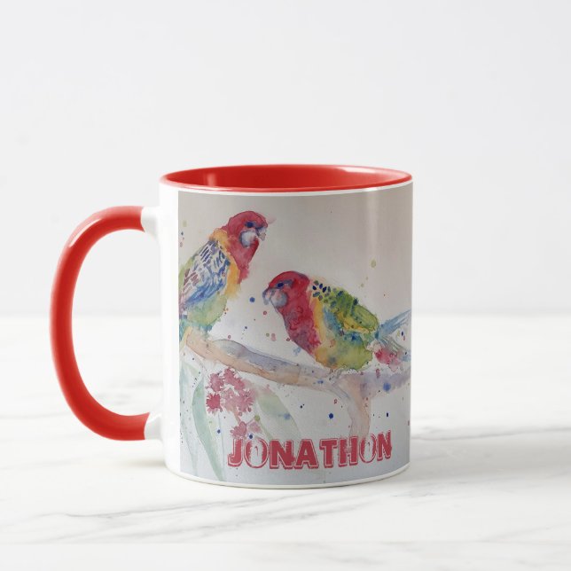 Mug Rosella rouge perroquet Aquarelle Nom de la peintu (Gauche)