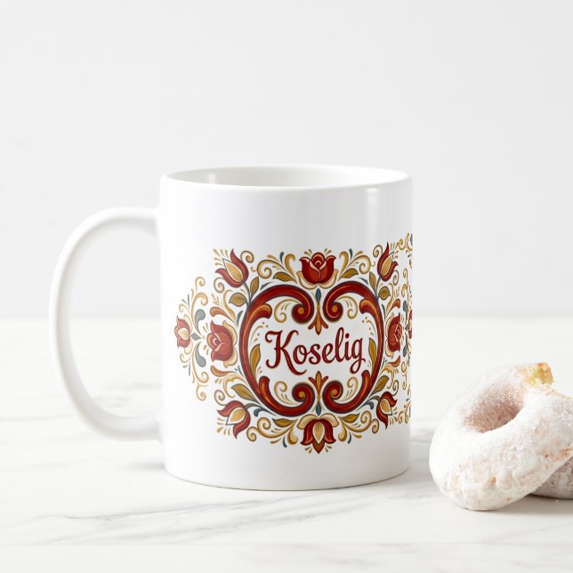 Mug Rosemaling Nordique, « Koselig » Design Scandi (Avec donut)
