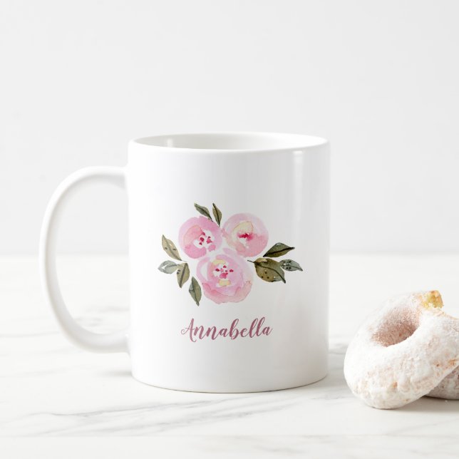 Mug Roses aquarelle rose avec nom cadeau (Avec donut)