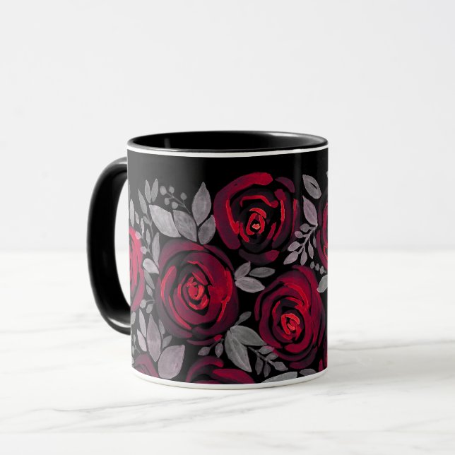 Mug Roses aquarelle, roses rouges sur fond noir (Devant gauche)