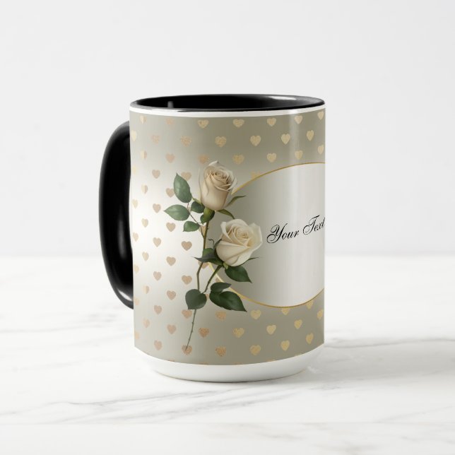 Mug Roses Blanches Cœurs Dorés (Devant gauche)