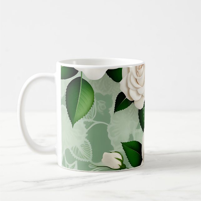 Mug Roses Blanches Élégantes Sur Vert (Gauche)