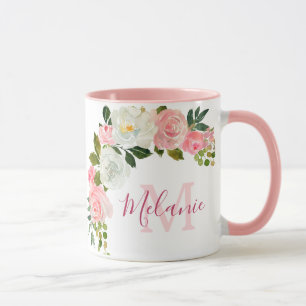 Mug Roses blanches et roses blanches Nom Monogramme
