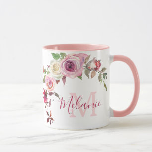 Mug Roses blanches et roses roses blanches Nom Monogra