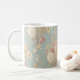 Mug Roses blanches et roses saumon sur fond bleu