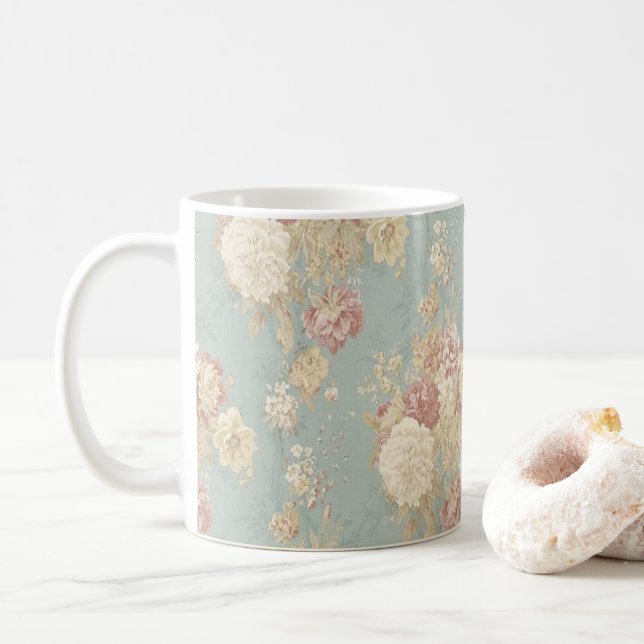 Mug Roses blanches et roses saumon sur fond bleu  (Avec donut)