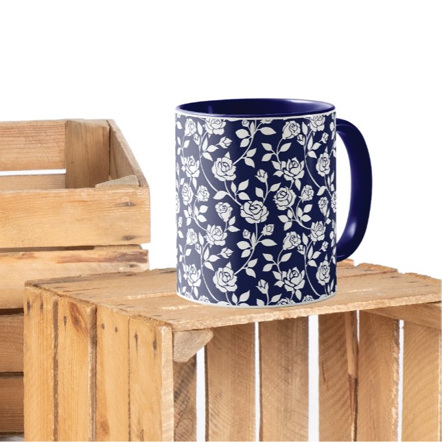 Mug Roses blanches Feuille Bleu Arrière - plan Motif (Créateur téléchargé)