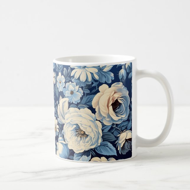 Mug Roses blanches sur Indigo Arrière - plan bleu (Droite)