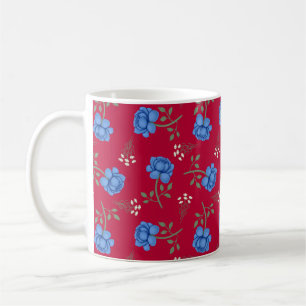 Mug Roses bleues sur calicot rouge surdimensionné