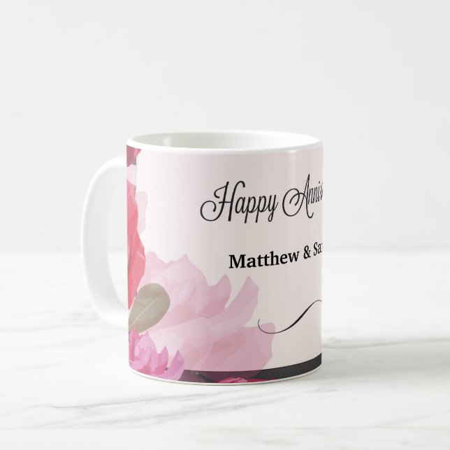Mug Roses d'anniversaire de mariage, rayures, noms per (Devant gauche)