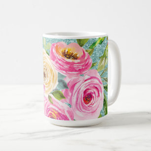 Mug Roses d'aquarelle en Parties scintillant Aqua rose
