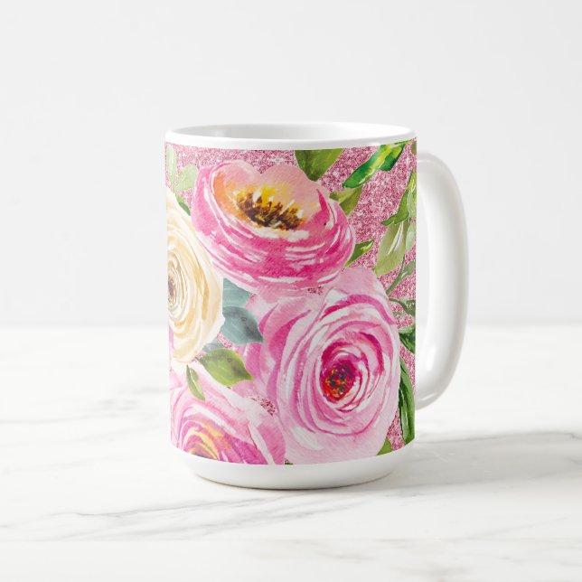 Mug Roses d'aquarelle en Parties scintillant rose et c (Devant droit)