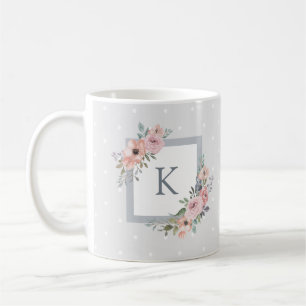Mug Roses d'aquarelle rose et points gris   Monogramme