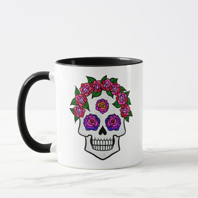 Mug Roses du crâne floral Nom personnalisé Halloween B (Gauche)