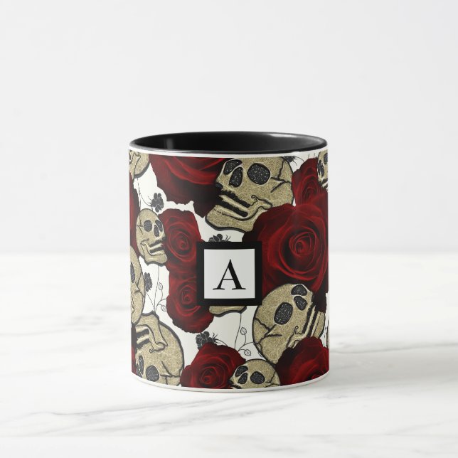 Mug Roses et crânes rouges Noir Floral Blanc gothique (Centre)
