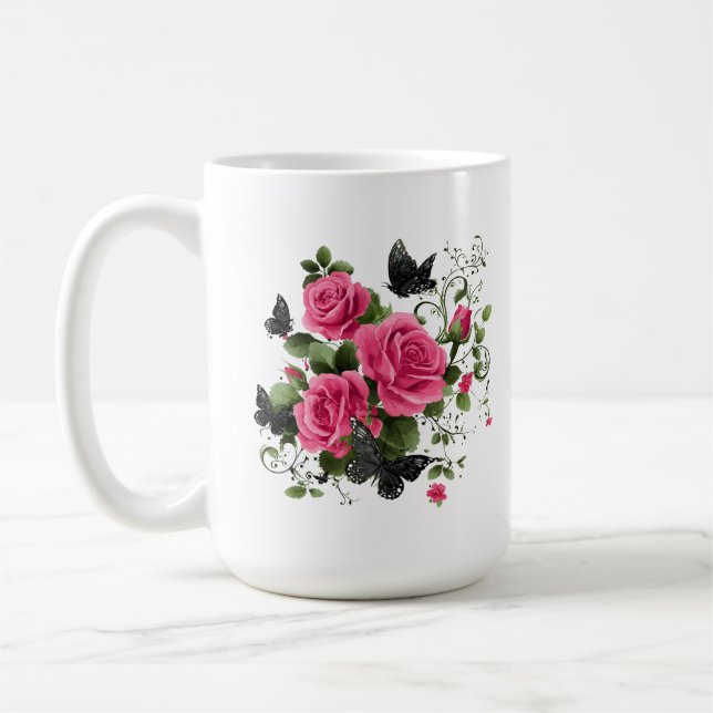 Mug Roses et papillons, motif coloré, (Gauche)