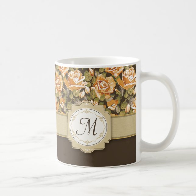 Mug Roses Jaunes d'or sur Brown avec Monogramme (Droite)