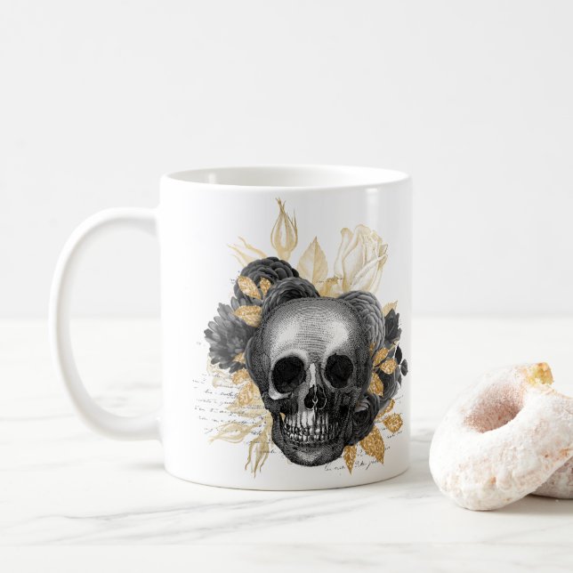 Mug roses noires vintage crâne écriture feuillage faux (Avec donut)