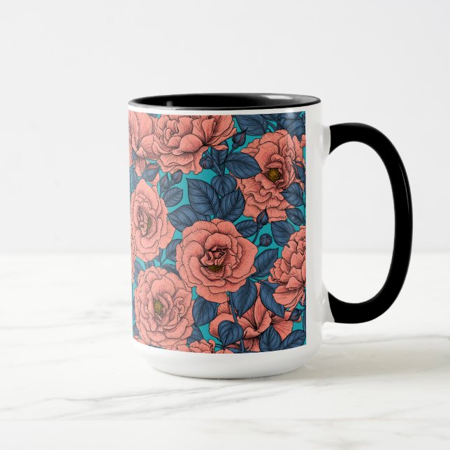 Mug Roses roses avec feuilles bleus sur bleu (Droite)