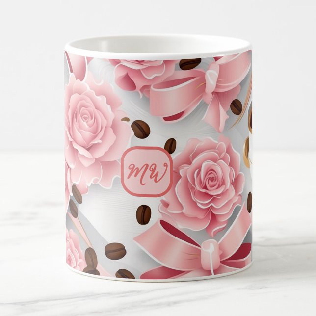 Mug Roses roses élégantes, rubans, arcs, monogrammes (Créateur téléchargé)