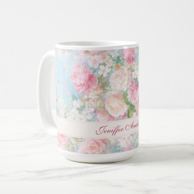Mug Roses roses et blanches avec nom personnalisé (Devant gauche)