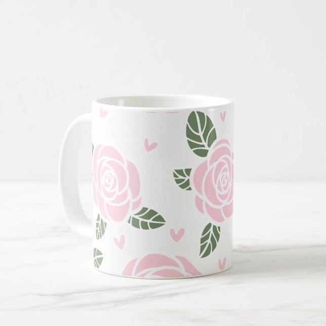 Mug Roses roses Motif avec Feuilles verts et Coeurs (Devant gauche)