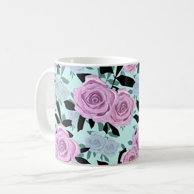 Mug roses roses roses turquoise fond   (Devant gauche)