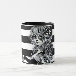 Mug Roses Rouges & Crânes Floral Gothique Gris Noir