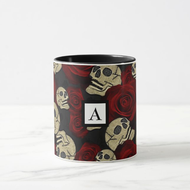 Mug Roses Rouges & Crânes Floral Gothique Gris Noir (Centre)