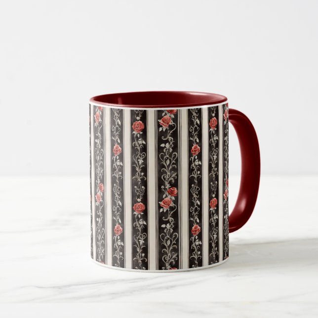 Mug Roses rouges romantiques Fleurs Crème Rayures noir (Devant droit)