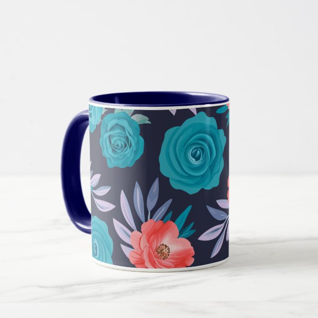 Mug Roses turquoise & Fleurs de corail avec Feuilles p (Devant gauche)