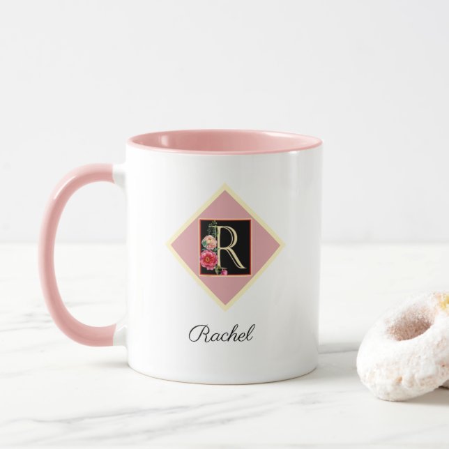 Mug Roses vintage personnalisées avec initiale "R" (Avec donut)