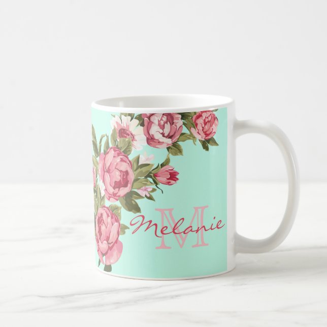 Mug Roses vintages rose pâle Peonies, bleu turquoise, (Droite)