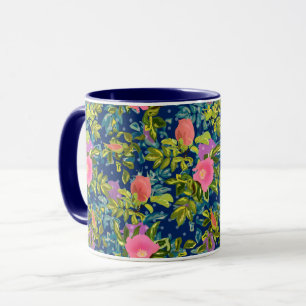 Mug Rosier sauvage, fond bleu, rosier sauvage, roses, 