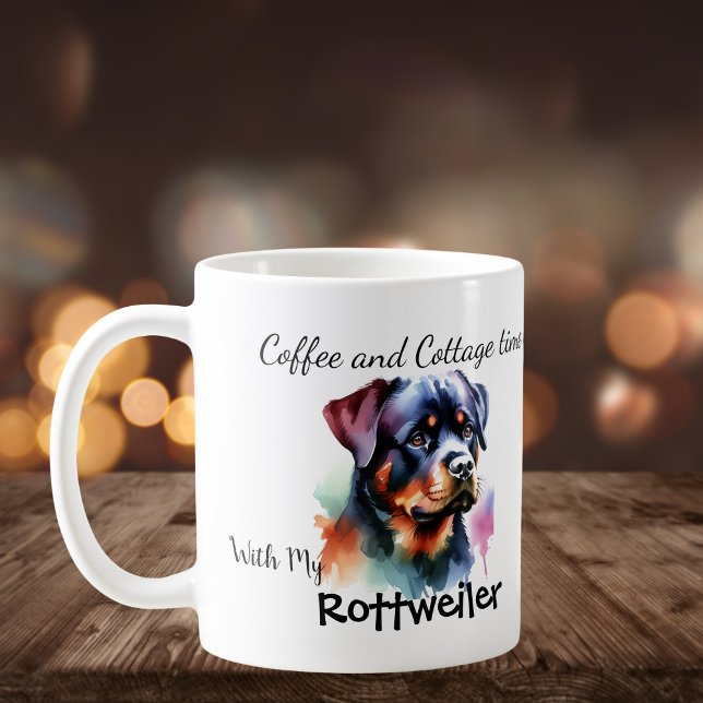 Mug Rottweiler à l'aquarelle au chalet Personnaliser (Coffee and Cottage time with my Rottweiler watercolor, personalize, with your own words.)