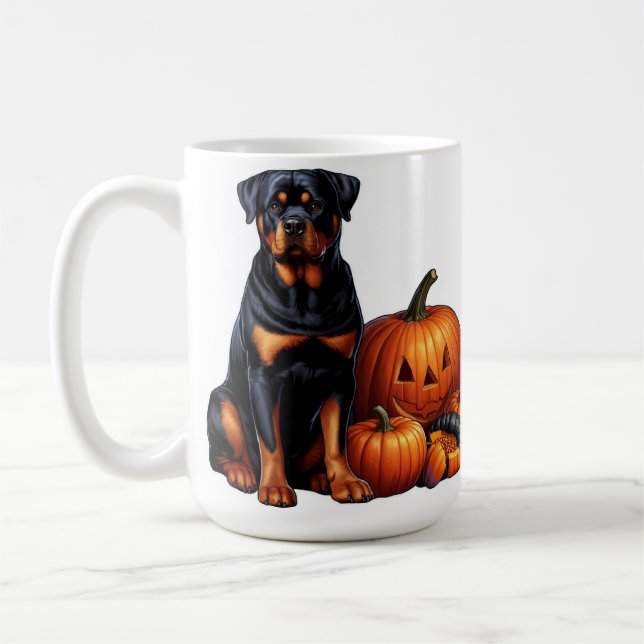 Mug Rottweiler assis près de citrouilles d'Halloween (Gauche)