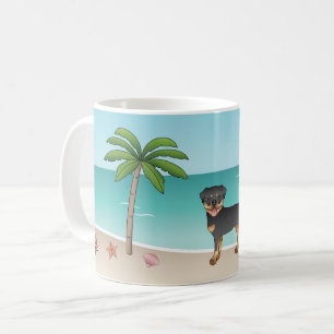 Mug Rottweiler noir et feu sur une plage tropicale en