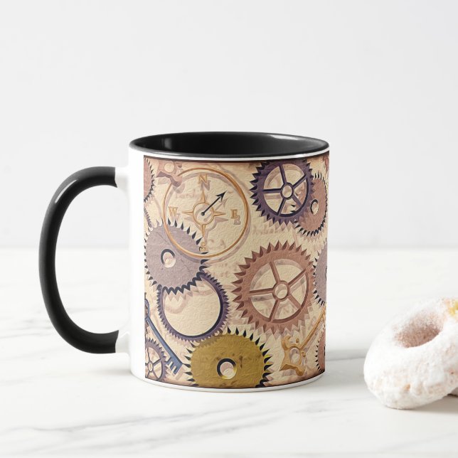 Mug Roues à vapeur, engrenages, clés, vieille carte Pe (Avec donut)