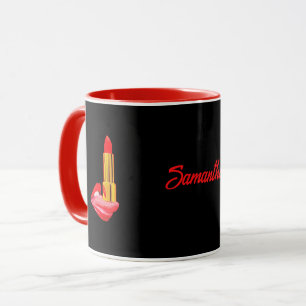 Mug Rouge à lèvres sur la langue Noir avec nom personn