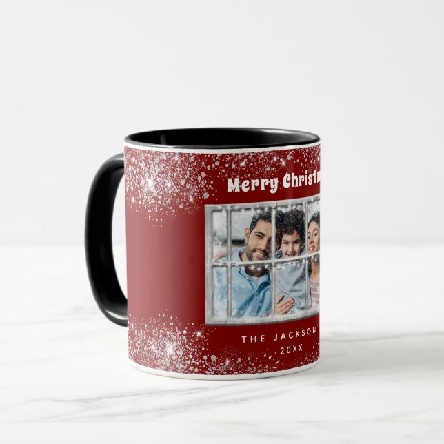 Mug Rouge argent neige fenêtre hiver (Devant gauche)