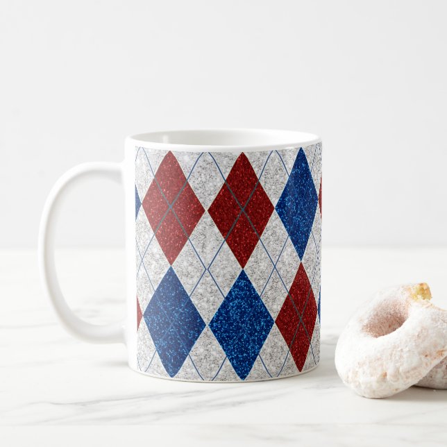 Mug Rouge, Blanc, Bleu Argyle Juillet 4 Paillettes (Avec donut)