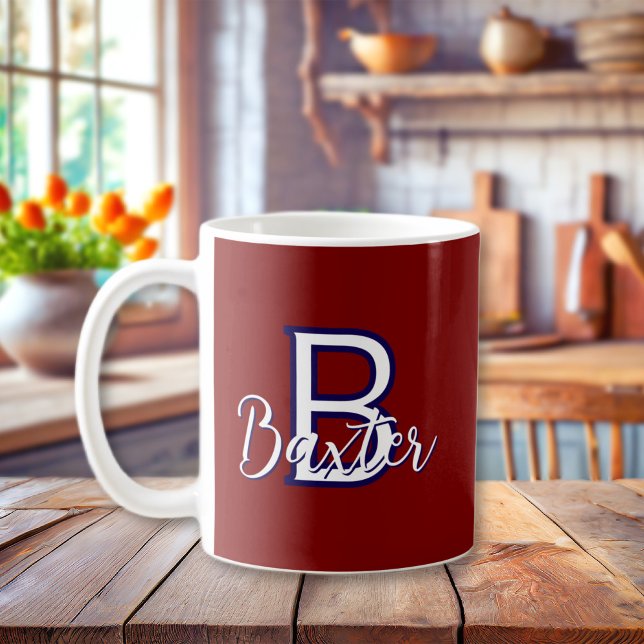 Mug Rouge Blanc & Bleu Nom et Monogramme Personnalisé (Red White & Blue Name and Monogram Personalized Coffee Mug
)