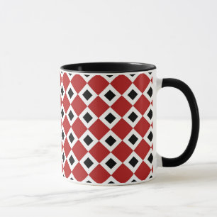 Mug Rouge, Blanc, Motif Diamant Noir