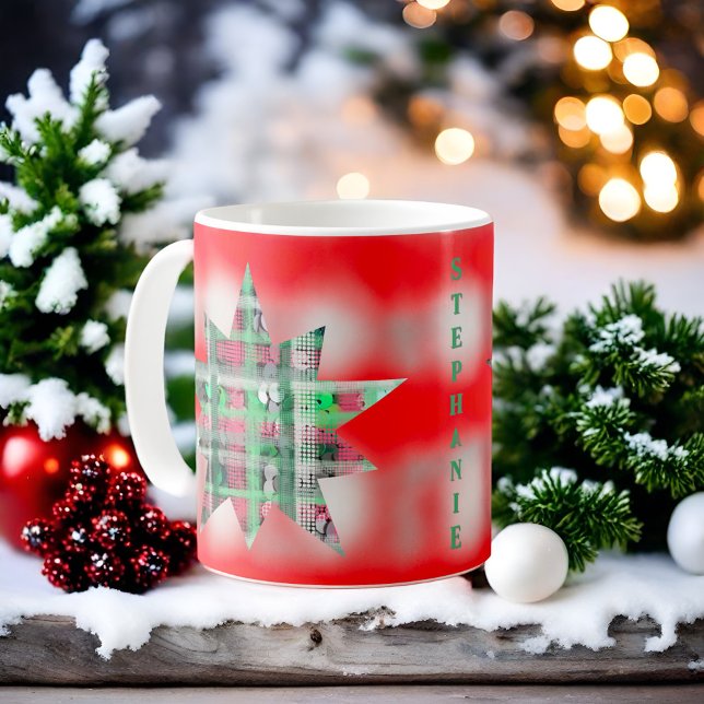 Mug Rouge blanc vert script nom tartan star festive (Créateur téléchargé)