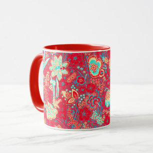 MUG ROUGE BLEU  FLEURS SAUVAGES BLANCHES TULIPES, FEUI