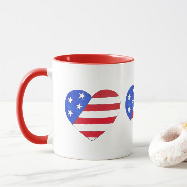 Mug Rouge Bleu Patriotique Américain Drapeau Coeur USA (Avec donut)