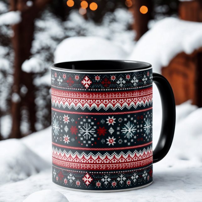 Mug Rouge Bleu Pull Moche Flocons de Neige Fêtes (Créateur téléchargé)