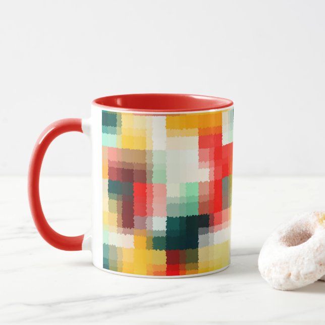 Mug Rouge bleu vert jaune blanc Motif Abstrait (Avec donut)