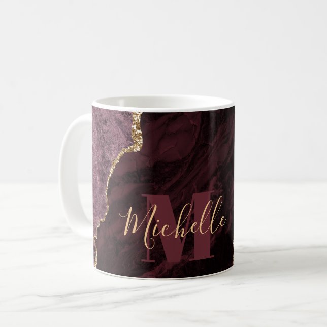 Mug Rouge Bourgogne & Or Faux Paillettes Marbre Agate (Devant gauche)
